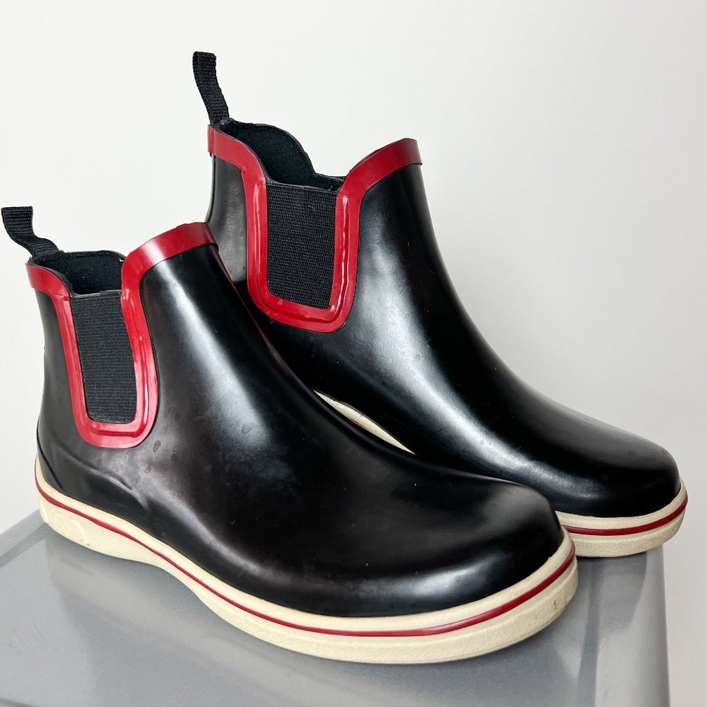 EDDIE BAUER Black Red Rubber Rain Snow Boots Pull-Ons Chelsea Ankle Women Size 7